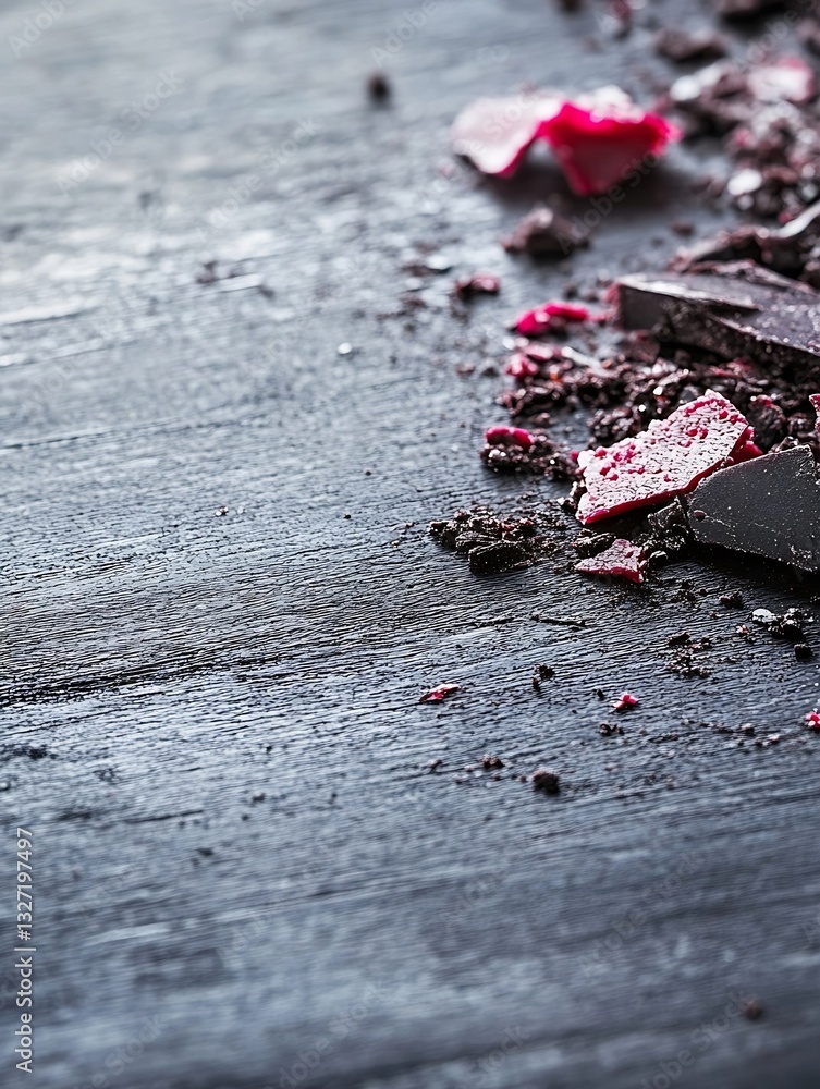 Poster closeup shot of crushed chocolate broken into pieces arranged artistically on dark surface : generat
