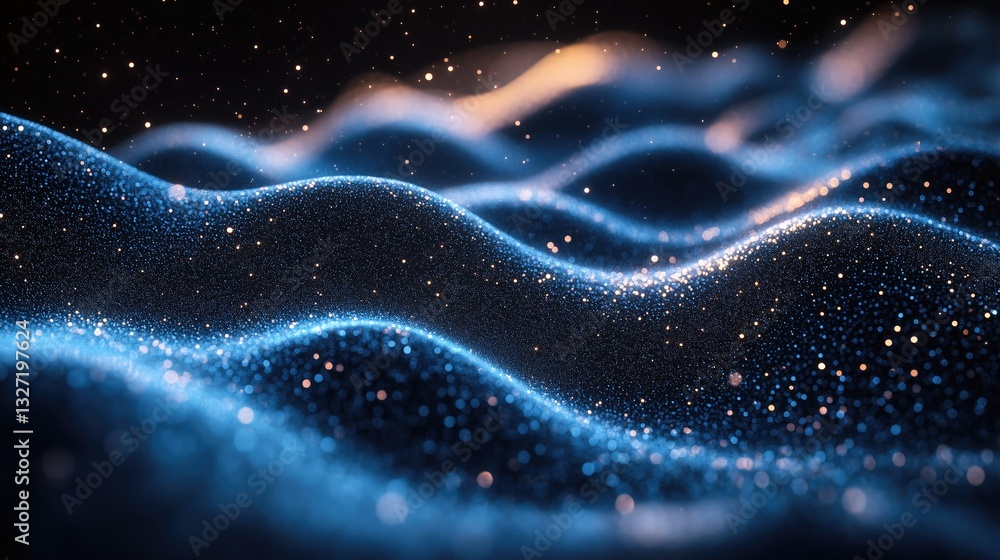 Poster dynamic blue wave patterns with glowing particles and sparkling dots, creating futuristic digital vi