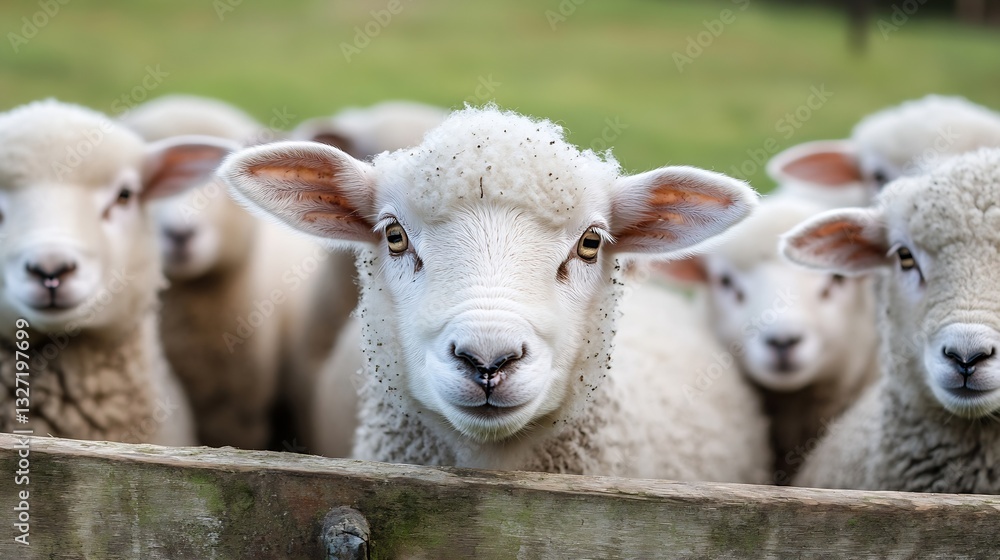 Poster Curious sheep gathered close showcasing soft wool and gentle expressions on a green farm : Generative AI