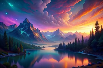 A Breathtaking Mountain Lake At Sunset, Vibrant Colors Painting The Sky And Reflecting In The Tranquil Water, Showcasing Natures Majestic Beauty In A Surreal Dreamlike Landscape