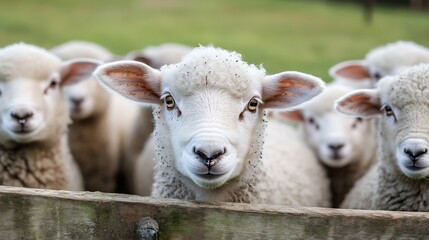 Fototapeta premium Curious sheep gathered close showcasing soft wool and gentle expressions on a green farm : Generative AI