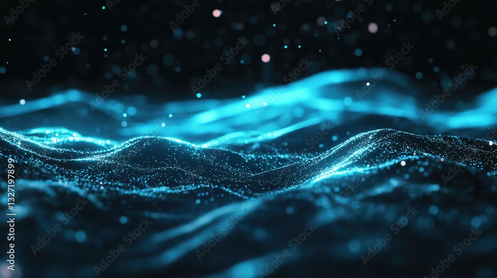 Poster dynamic blue glowing wave patterns with luminous particles on dark background, creating futuristic d