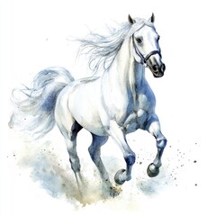 Whimsical Watercolor Illustration of a Galloping White Circus Horse with Flowing Mane