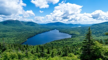 Obraz premium Breathtaking panoramic view of a serene lake surrounded by lush green mountains and vibrant clouds : Generative AI