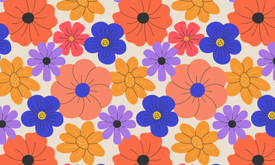 Bright abstract floral seamless pattern with colorful hand drawn flowers. Modern decorative design for fabric, wallpaper, textiles, wrapping paper, and digital backgrounds.