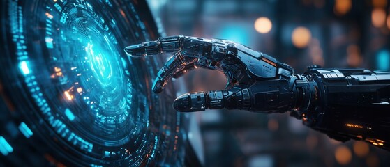 Advanced robotic arm interacting with futuristic digital interface, featuring glowing blue circular patterns. High-tech mechanical hand in cyber environment, showcasing modern robotics and digital tec