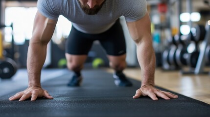 A fitness enthusiast performing push ups on a gym mat to improve strength and endurance in a well equipped gym : Generative AI