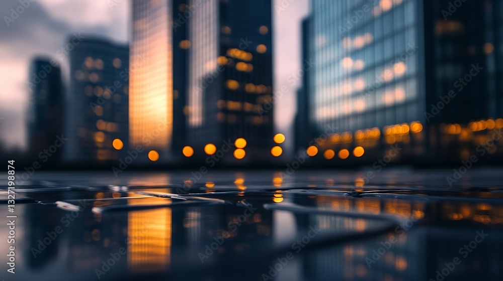 Poster urban skyline captured at dusk with glowing lights reflecting on wet pavement : generative ai