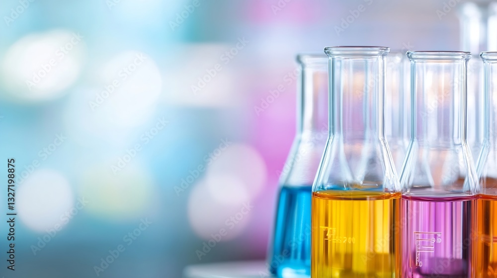 Poster laboratory glassware filled with vibrant colored liquids standing on a table under bright lighting c