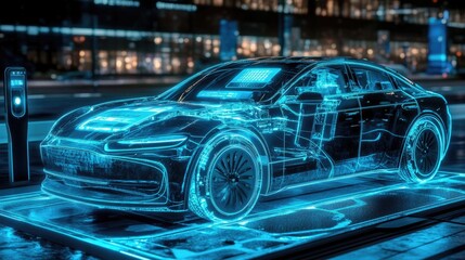 Obraz premium Luxury electric vehicle on a charging platform with a digital holographic dashboard.