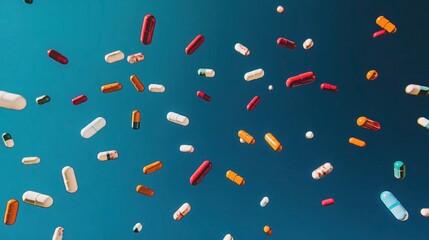 Floating pharmaceutical capsules of various colors against a blue background