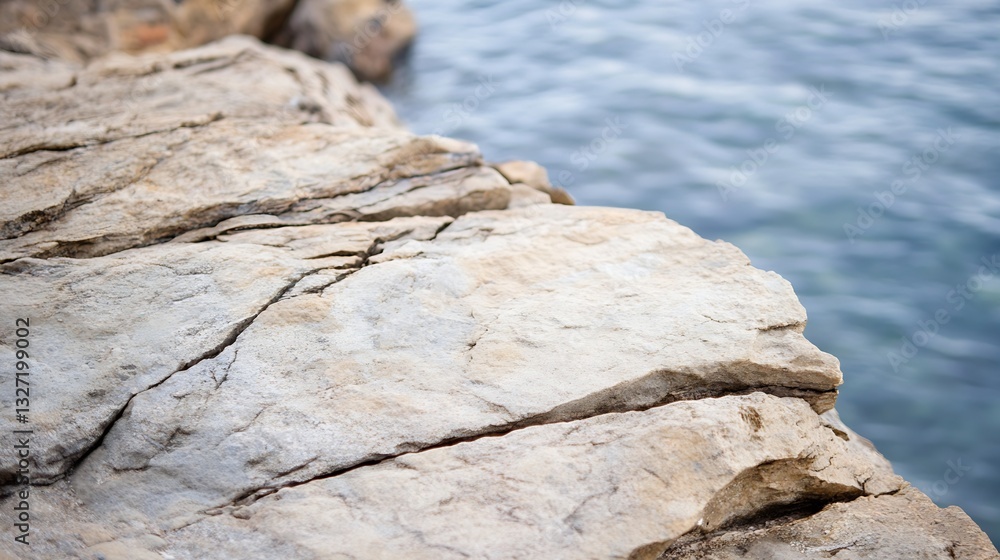 Aufkleber textured closeup of a weathered rock surface beside a shimmering body of water : generative ai