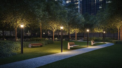 Obraz premium Modern urban park with solar-powered streetlights and eco-friendly smart benches.