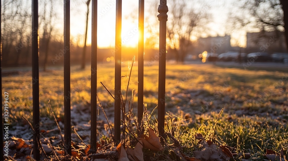 Poster sunshine filtering through iron fence onto frozen grass creating a tranquil moment in a city park : 