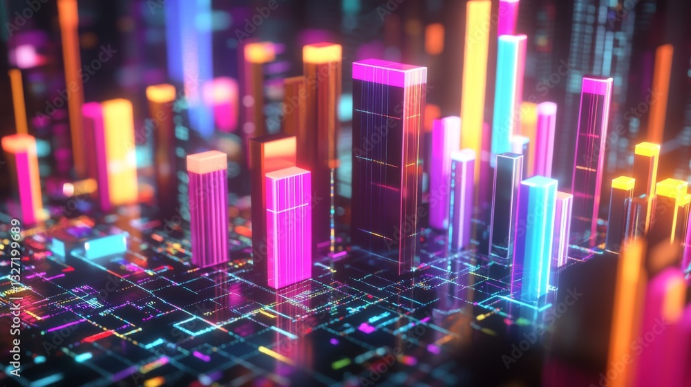 Poster close-up of a colorful business graph with bars and lines, displaying financial growth and market tr