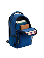 A blue backpack with zippers slightly open, revealing books and stationery inside