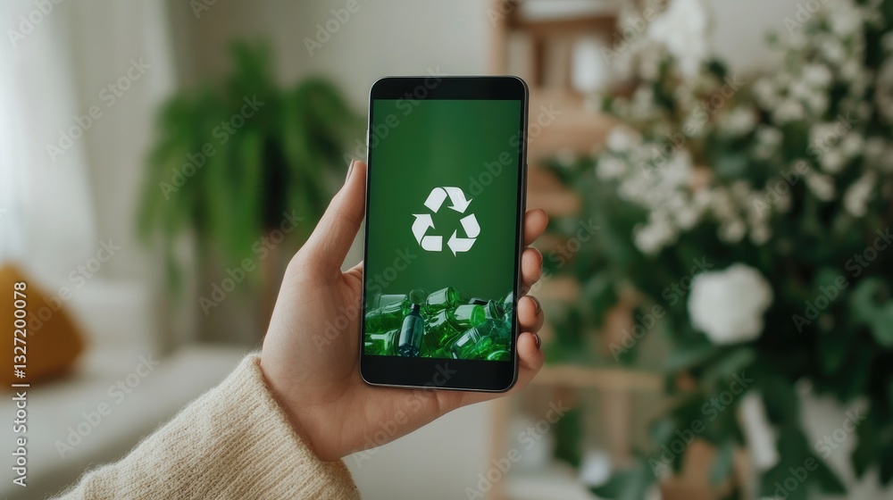 Poster smartphone app interface displaying real-time recycling statistics and waste reduction goals.