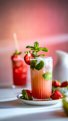 Tall Juice Glass with Iced Beverage, Fresh Mint Leaves, and Halved Strawberry: A Refreshing and Inviting Culinary Creation