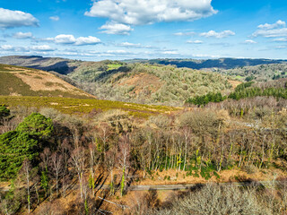 Farms and Woods over East Dartmoor National Nature Reserve from a drone, Yarner Wood, Lustleigh,...