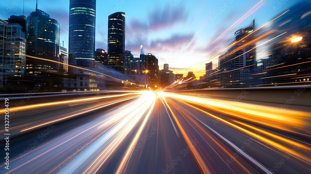 Aufkleber captivating city skyline at dusk with dynamic light trails creating a sense of motion in urban lands