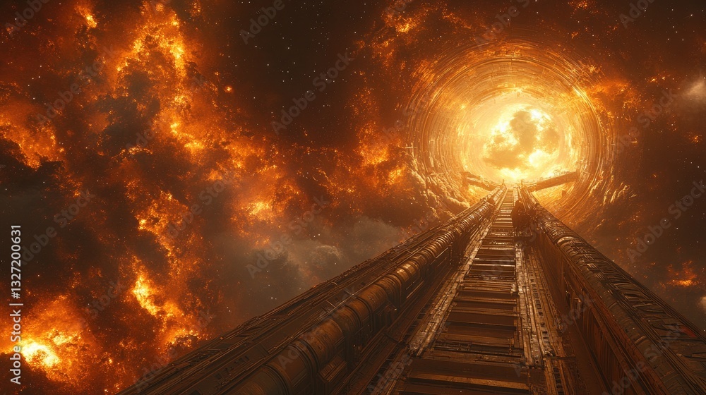 Poster space tunnel, fiery cosmic gateway, futuristic journey through a burning nebula. possible use sci-fi