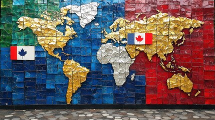 A Stunning Mosaic World Map Featuring the Canadian Flag