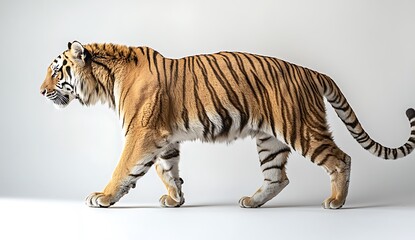 Obraz premium Adult Tiger Walking in Side View on a Plain Background