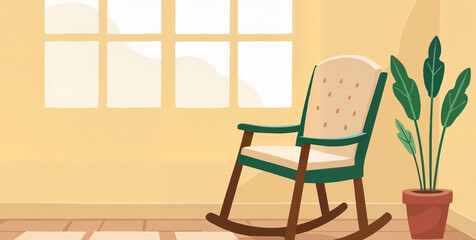 Fototapeta premium Cozy green rocking chair in sunny living room corner, serene comfort