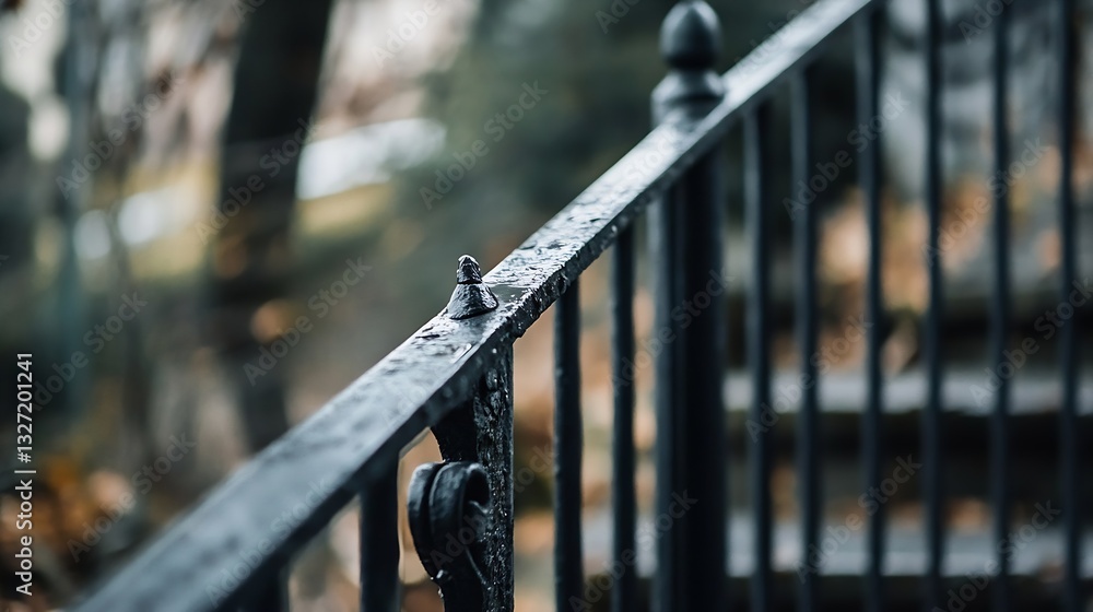 Aufkleber closeup of a weathered metal railing with raindrops on a staircase in a tranquil outdoor setting : g