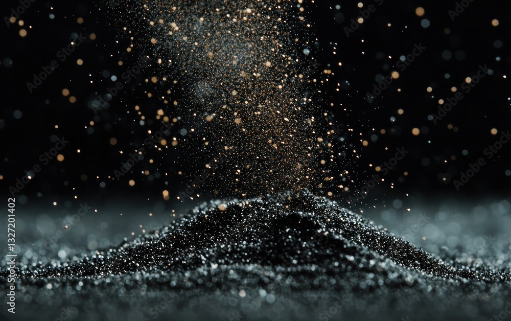 Poster abstract image of dark gray and black particles rising and falling against a black background. gold 