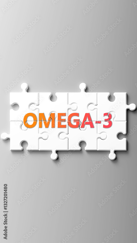 Aufkleber omega-3 complex like a puzzle - pictured as word omega-3 on a puzzle pieces to show that omega-3 is 