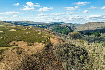 Farms and Woods over East Dartmoor National Nature Reserve from a drone, Yarner Wood, Lustleigh,...