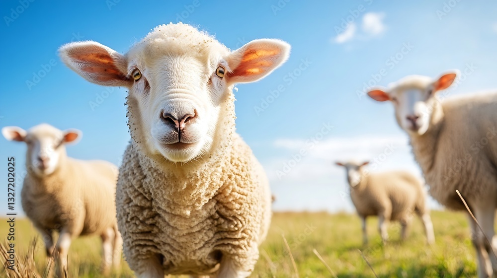 Poster Charming sheep enjoying a sunny day in an open field under a bright blue sky : Generative AI