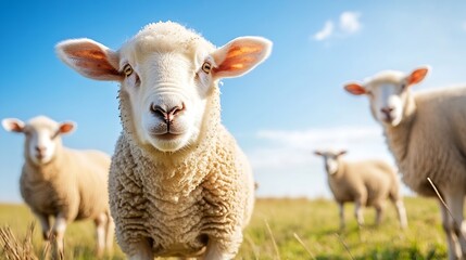 Obraz premium Charming sheep enjoying a sunny day in an open field under a bright blue sky : Generative AI