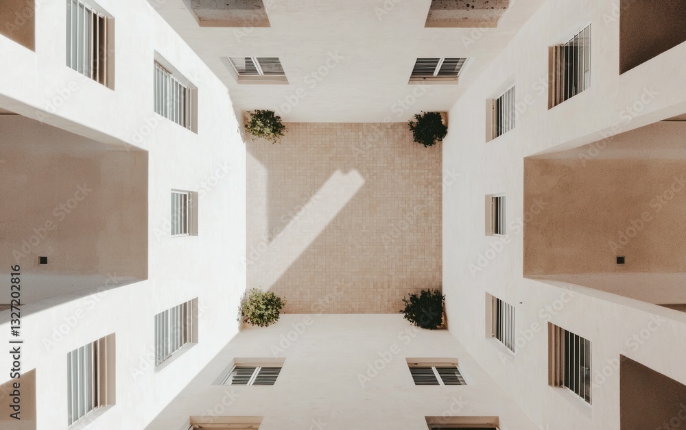 Poster high-angle view of a square courtyard surrounded by a building with numerous windows and small plant