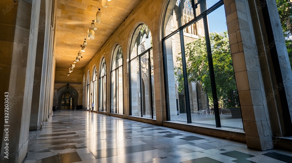 Aufkleber Spacious and elegant hallway with arched windows and natural light creating an inviting atmosphere : Generative AI