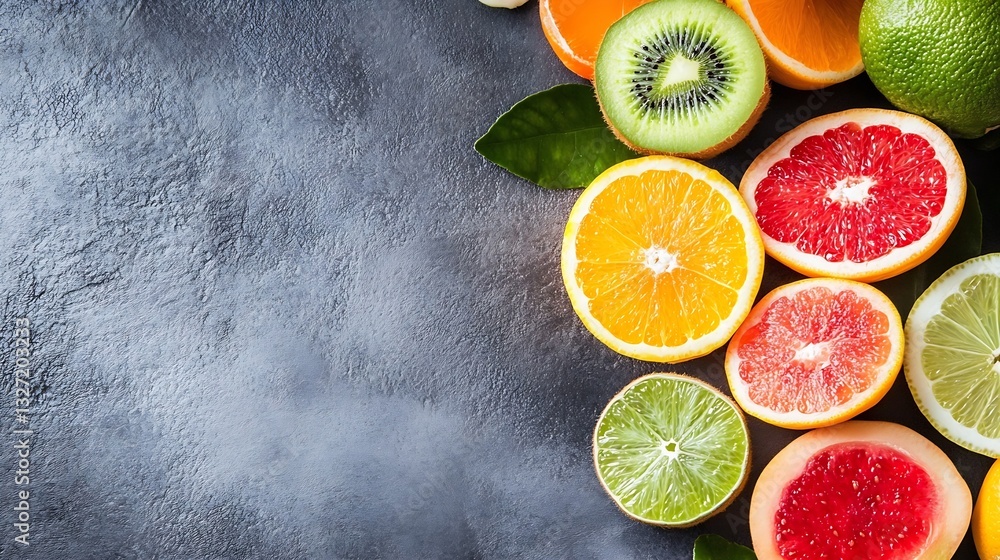 Poster a vibrant display of fresh citrus fruits arranged on a textured gray surface with green leaves for a