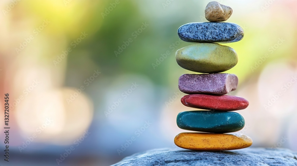 Poster colorful stacked stones symbolizing balance and tranquility over a blurred background : generative a