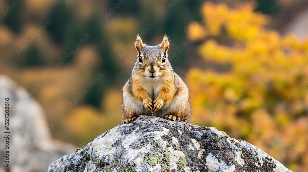 Poster curious squirrel sitting on a rock surrounded by vibrant autumn foliage in nature : generative ai