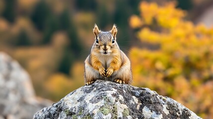 Curious squirrel sitting on a rock surrounded by vibrant autumn foliage in nature : Generative AI