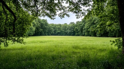 Fototapeta premium Lush green meadow surrounded by dense trees creating a peaceful and serene natural escape : Generative AI