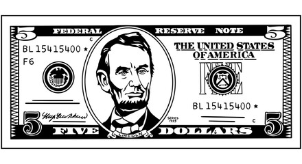 Vector black and white banknote of United States of America. Front side. Denominations of bill 5 dollars. Symbol of American paper money. Isolated vector.