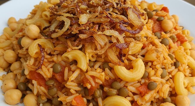 Enjoying Egyptian Kushari A Flavorful Dish with Rice Lentils and Pasta