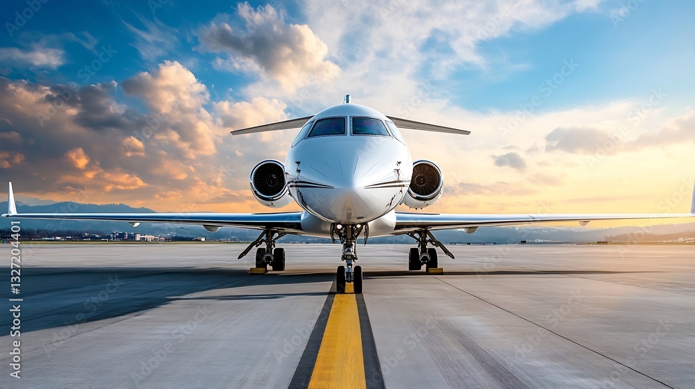 Poster Elegant private jet on runway at sunset showcasing its sleek design and powerful features : Generative AI