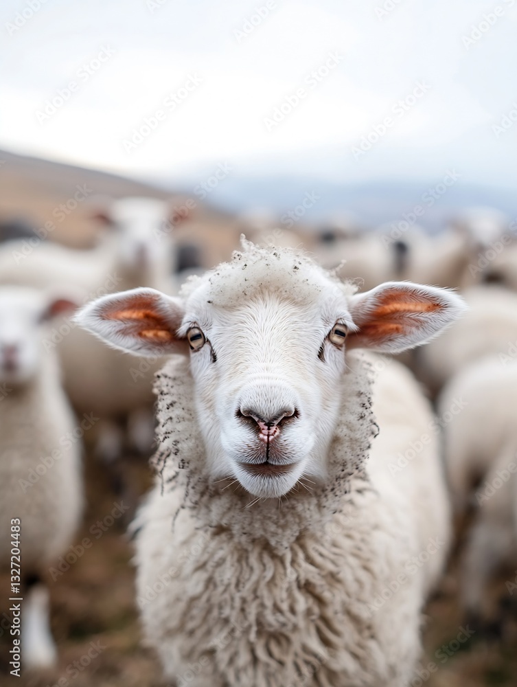 Poster Charming closeup of a sheep surrounded by a flock showcasing its playful and gentle nature : Generative AI
