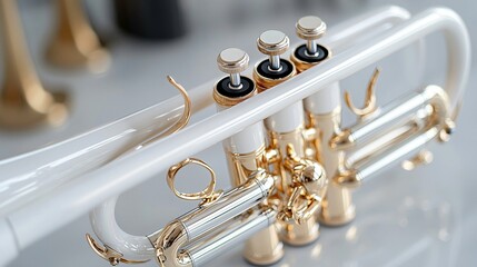 Elegant White Trumpet with Gold Accents and Valve System on a Bright Background