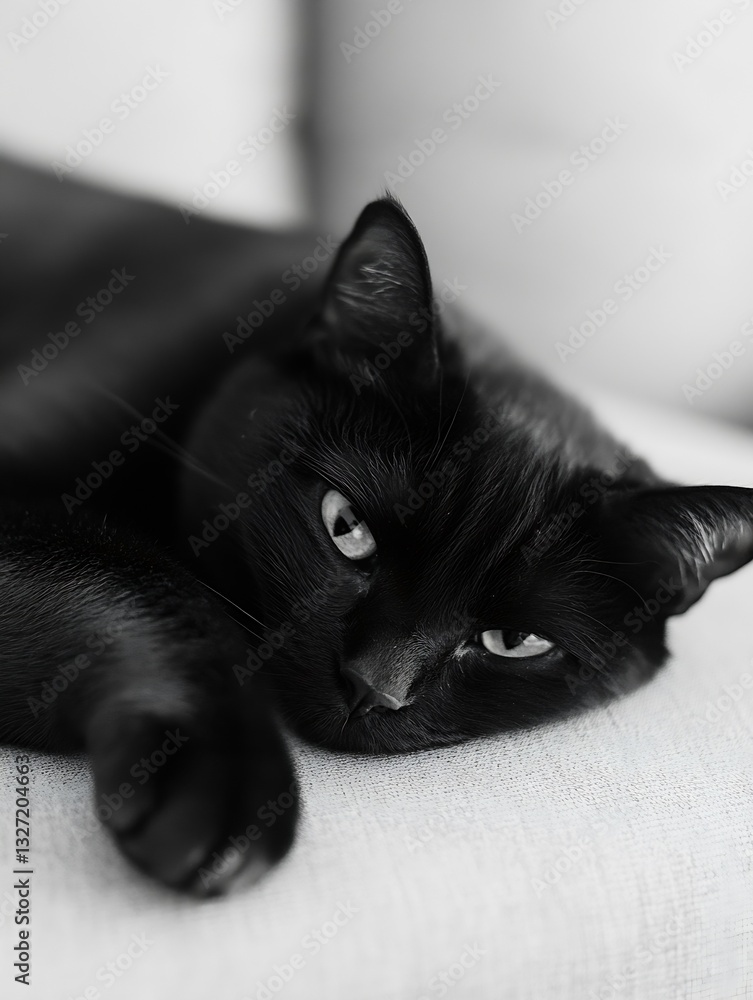 Poster charming black cat comfortably resting on a soft white couch showcasing its sleek fur and calm demea