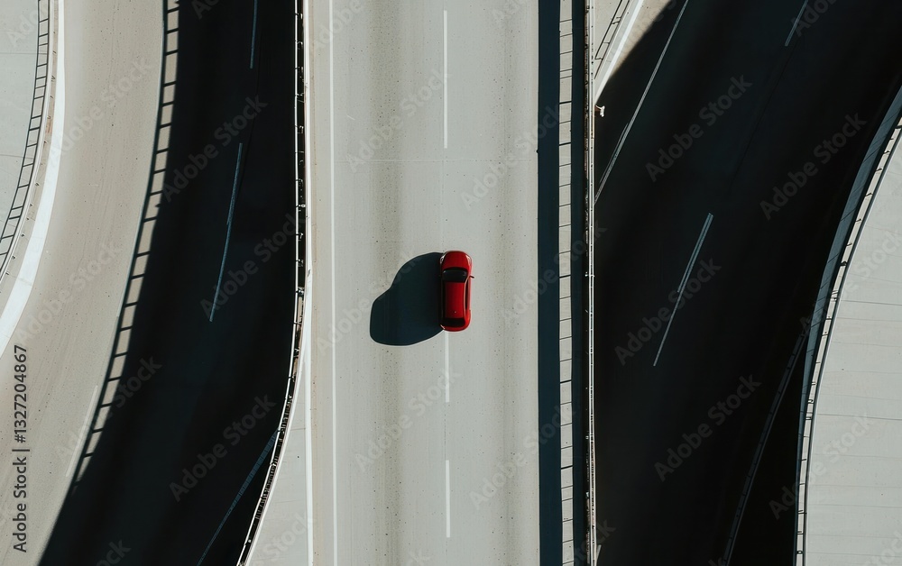 Poster high angle view of a red car driving on a highway interchange. the image features a bird's eye persp