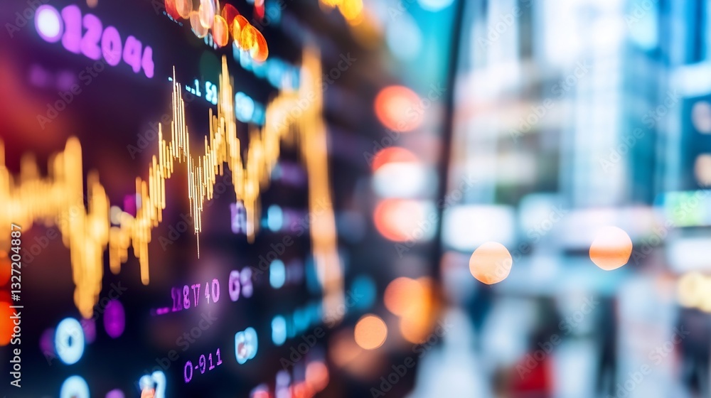 Poster colorful stock market data displayed on a digital screen in a bustling city environment : generative