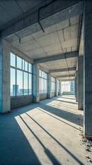 Obraz premium Unfinished High-Rise Interior: Concrete Architecture, Cityscape Views, Sunlight, and Shadows - Potential in Empty Commercial or Residential Space..